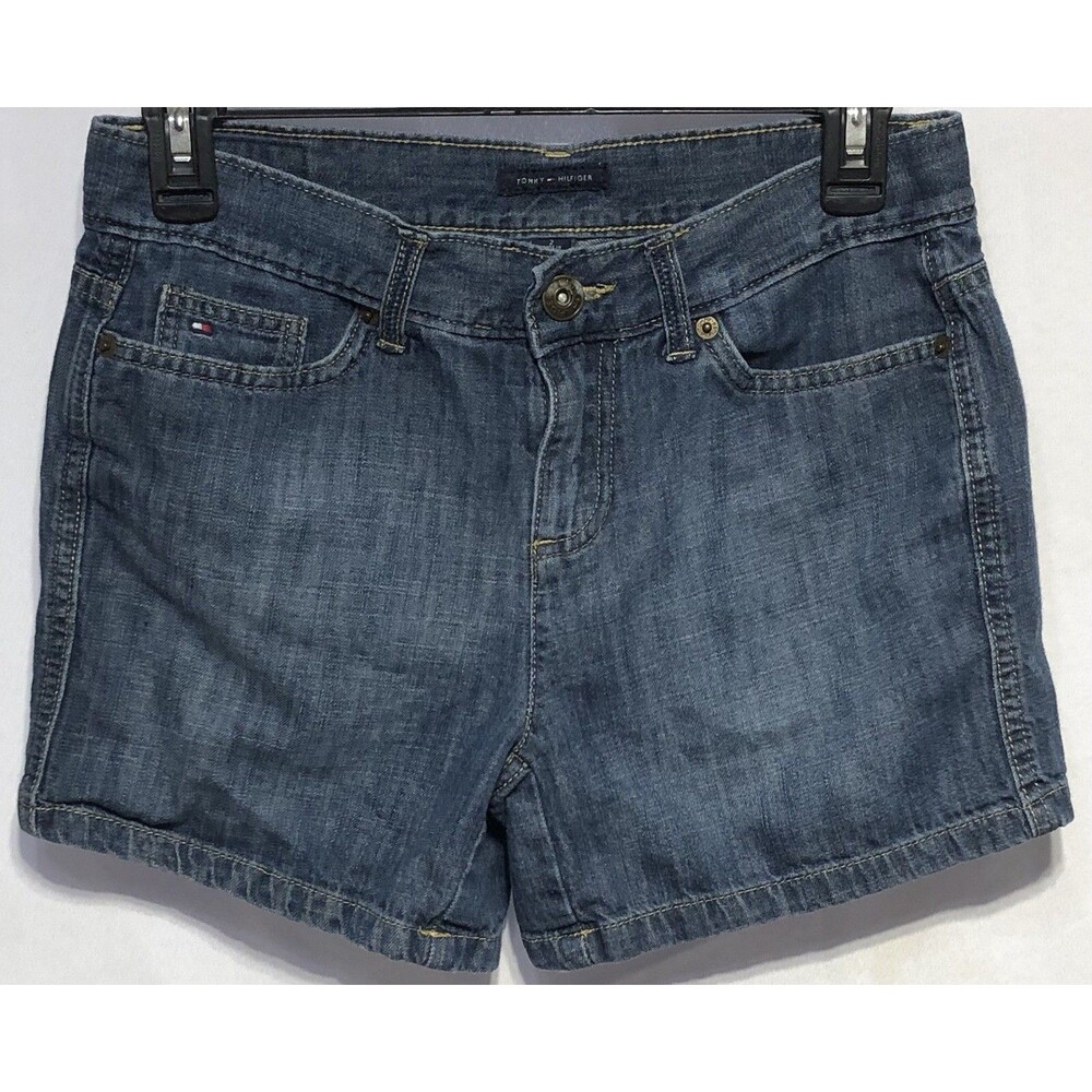 Tommy Hilfiger shorts 2 blue denim flat front 28"W pockets Mid rise 2009 Y2K